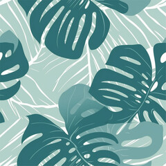 Forest Green and White Mint Sap Monstera Leaf Abstract Line Art Scandinavian Design Seamless Pattern Wallpaper Curtain Bedding Background
