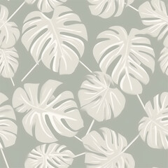 French Grey Monstera Leaf Abstract Line Art Scandinavian Design Seamless Pattern Wallpaper Curtain Bedding Background

