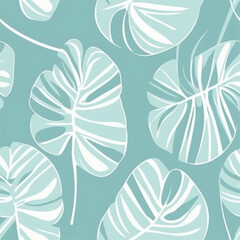 Green and White Monstera Leaf Abstract Line Art Scandinavian Design Seamless Pattern Wallpaper Curtain Bedding Background
