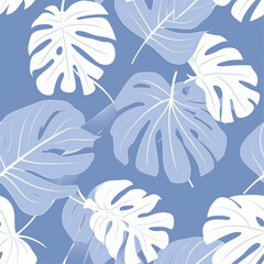 Flower Abstract Line Art Scandinavian Design Blue and White Monstera Leaf Line Art Seamless Pattern Wallpaper Curtain Bedding Background Vector 
