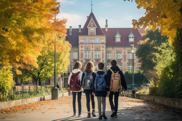 four friends waking to the school