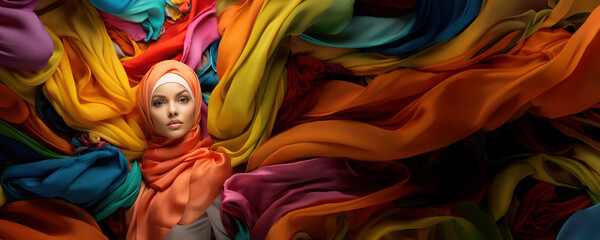 modern colorful stylish outfit photoshoot of a muslim hijab woman in dynamic shot happy and positive for modest trendy arab women fashion as wide banner with copysapce area - Generative AI - obrazy, fototapety, plakaty
