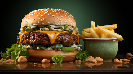 burger and fries  HD 8K wallpaper Stock Photographic Image