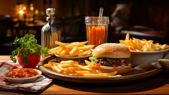 burger and fries  HD 8K wallpaper Stock Photographic Image