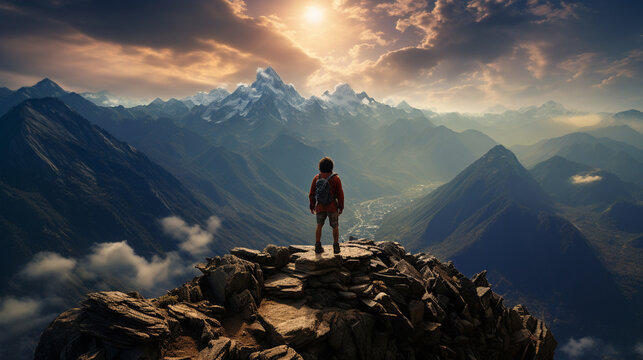 A hooded warrior man stands atop a rugged mountain peak