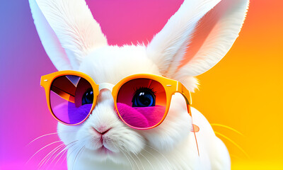 cool bunny with smile beautiful eyes sunglasses reflected in colorful background. Generative AI