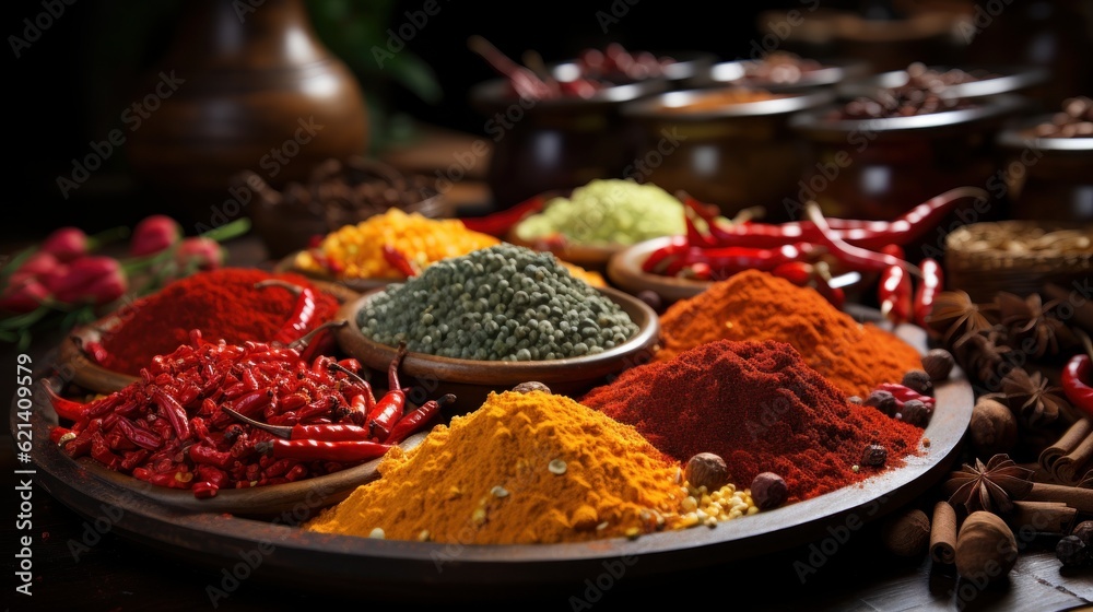 Sticker Colorful spices on wooden table