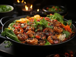 STYLE: Close - up Shot | GENRE: Asian | EMOTION: Spicy | SCENE: Prawn and noodles being held above a steaming hot ramen with prawns | TAGS: Spicy, comforting,