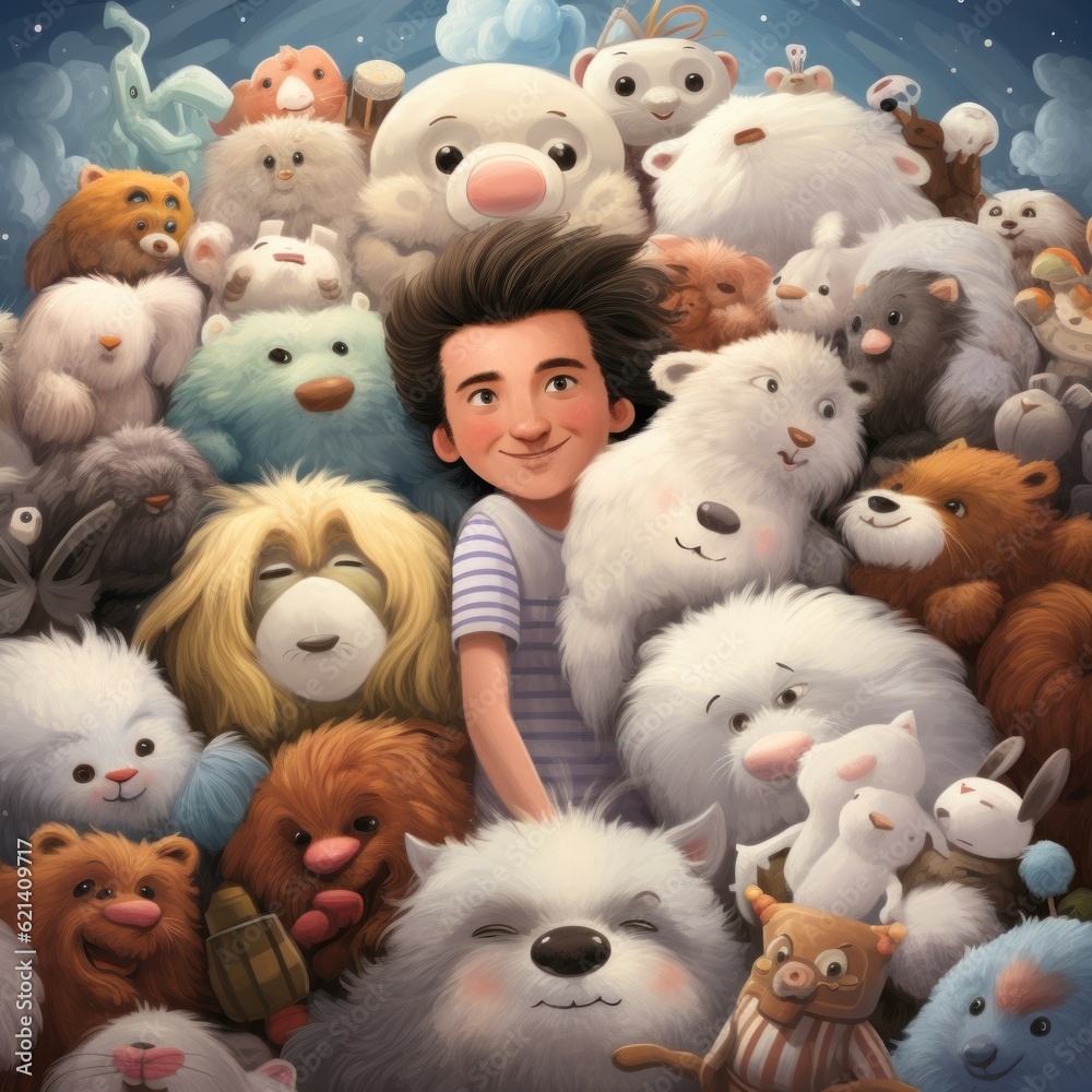 Canvas Prints A boy is surrounded by stuffed animals. Generative AI image.