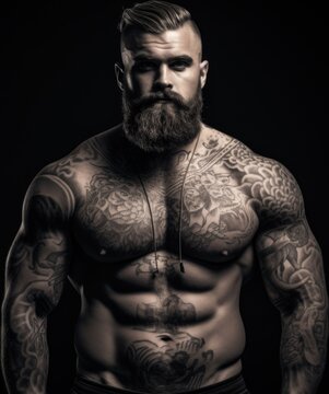 A man with a beard and tattoos on his chest. Generative AI image.