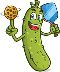Tall lanky Pickle cartoon spinning a yellow plastic pickleball on his finger basketball style with a big cheesy grin on his face vector clip art - 621410101
