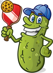 Cool pickle cartoon with attitude holding a pickleball racket and ball and wearing a bright blue baseball cap vector clip art - 621410112