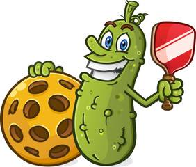 Cool pickle cartoon with attitude with a big toothy smile holding a pickle ball racket and an oversized gigantic plastic pickleball under his fingers vector clip art