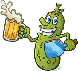 Cool pickle cartoon character with attitude holding a big cold frothy mug of light lager beer with splashing foam spilling over the rim ready for a good pickleball victory drink vector clip art - 621410124