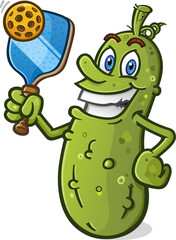 Cool pickleball cartoon character holding a pickle ball and racket with a big toothy grin on his face vector clip art - 621410129