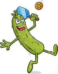 Tall lanky pickle cartoon mascot leaning back and going for the winning shot in an epic pickleball battle on the court vector clip art - 621410163