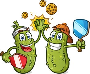 Pickle best friend team mates celebrating an epic victory on the pickleball court after an exciting match against the losing opponent with sparks and balls flying vector cartoon clipart - 621410175