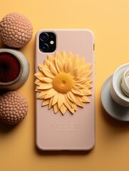 Plain iphone case mock up standing up right, pretty pink pastel colours, whites, clean, modern, sunflower