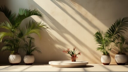 Minimal product placement background with palm shadow on plaster wall. Luxury summer architecture interior aesthetic. 