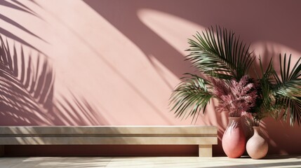 Obraz premium Minimal product placement background with palm shadow on plaster wall. Luxury summer architecture interior aesthetic. 
