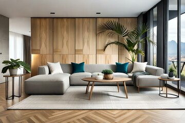 Modern open space interior with modular sofa design, furniture, wooden coffee table, plaid, pillows, tropical plants and personal accessories elegant in stylish home decor. Modern living room.