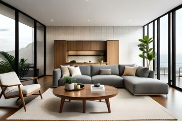 Modern open space interior with modular sofa design, furniture, wooden coffee table, plaid, pillows, tropical plants and personal accessories elegant in stylish home decor. Neutral living room.