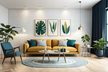 Boho cozy living room design, bright wall mockup, 3d render, 3d illustration. Modern living room.