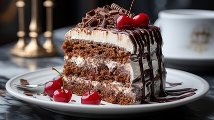 chocolate cake with cherry  HD 8K wallpaper Stock Photographic Image