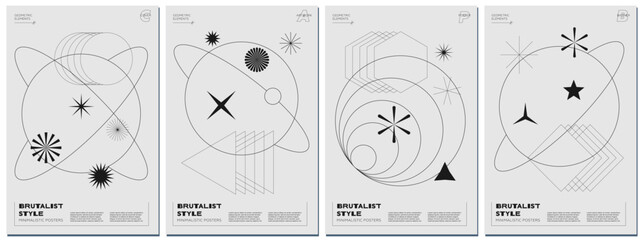 Abstract brutalism poster set with black geometric linear planets and shapes on monochrome space background. Modern brutalist style minimal simple graphic prints. Brutal trendy y2k design eps template
