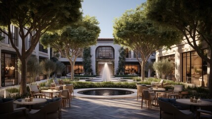 Obraz premium Private oasis, complete with a tranquil water feature, a Mediterranean garden, and cozy seating areas surrounded by tall cypress trees