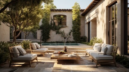 Fototapeta na wymiar Private oasis, complete with a tranquil water feature, a Mediterranean garden, and cozy seating areas surrounded by tall cypress trees