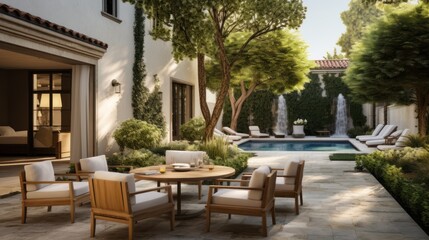 Fototapeta na wymiar Private oasis, complete with a tranquil water feature, a Mediterranean garden, and cozy seating areas surrounded by tall cypress trees
