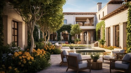 Fototapeta premium Private oasis, complete with a tranquil water feature, a Mediterranean garden, and cozy seating areas surrounded by tall cypress trees