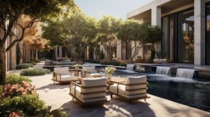 Private oasis, complete with a tranquil water feature, a Mediterranean garden, and cozy seating areas surrounded by tall cypress trees