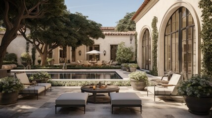 Obraz premium Private oasis, complete with a tranquil water feature, a Mediterranean garden, and cozy seating areas surrounded by tall cypress trees