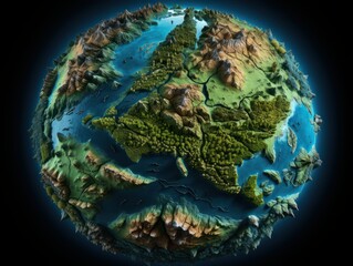 Fototapeta premium 3d animated globe earth, mountains, trees, vegetation, rivers, topography, ultra detailed, black background