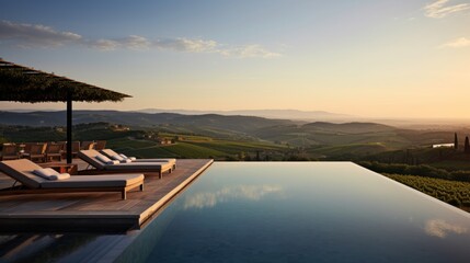 Naklejka na ściany i meble Infinity pool that appears to merge with the horizon, offering stunning views of the Italian countryside. Include a sun deck and a poolside bar for ultimate relaxation