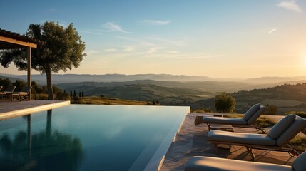 Infinity pool that appears to merge with the horizon, offering stunning views of the Italian countryside. Include a sun deck and a poolside bar for ultimate relaxation