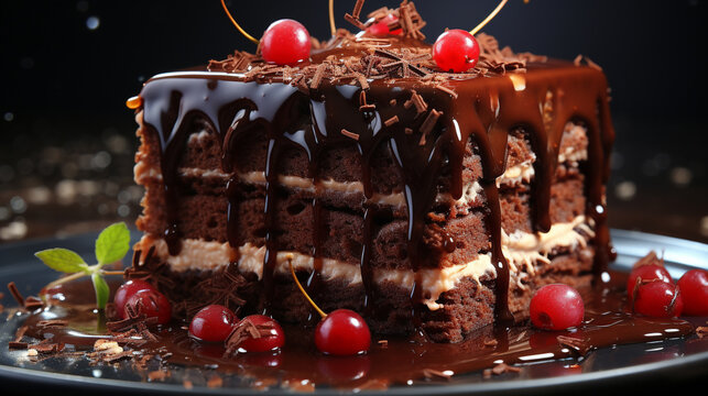 chocolate cake with cherries  HD 8K wallpaper Stock Photographic Image