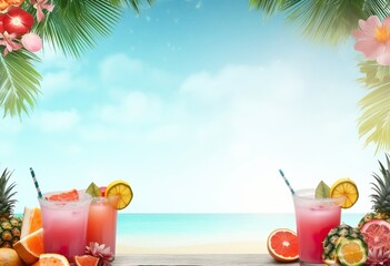 Tropical cocktails in beach decorations banner - obrazy, fototapety, plakaty
