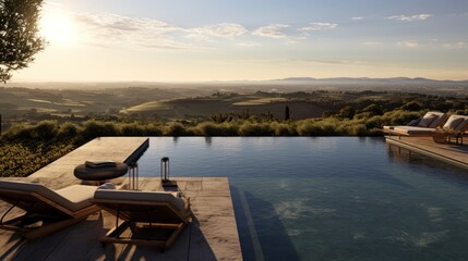 Infinity pool that appears to merge with the horizon, offering stunning views of the Italian countryside. Include a sun deck and a poolside bar for ultimate relaxation
