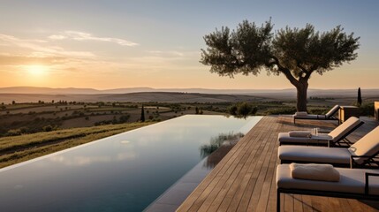Fototapeta na wymiar Infinity pool that appears to merge with the horizon, offering stunning views of the Italian countryside. Include a sun deck and a poolside bar for ultimate relaxation