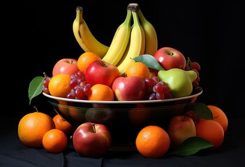 Bowl of healthy fresh fruit salad on wooden background. Top view.