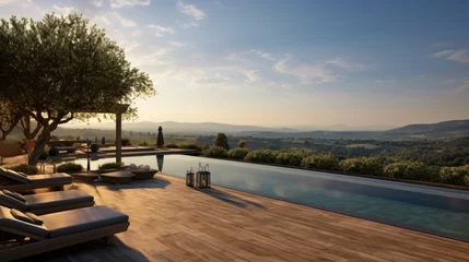 Photo sur Plexiglas Chocolat brun Infinity pool that appears to merge with the horizon, offering stunning views of the Italian countryside. Include a sun deck and a poolside bar for ultimate relaxation