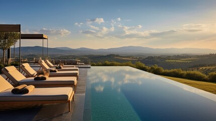 Fototapeta premium Infinity pool that appears to merge with the horizon, offering stunning views of the Italian countryside. Include a sun deck and a poolside bar for ultimate relaxation