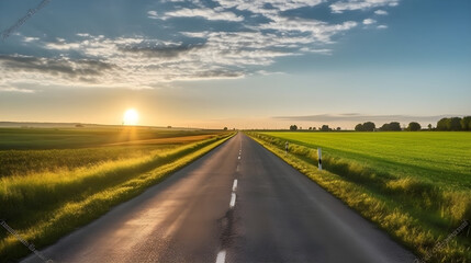 Obraz na płótnie Canvas scenic winding country road through green farmland in Hill Country. Sun Sunshine In Sunset Bright Sky. Agricultural And Weather Forecast Concept