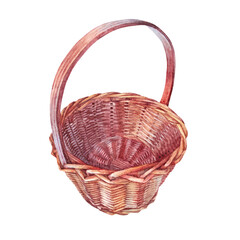 Watercolor empty brown wicker basket isolated on white background. Hand-drawn clipart for your summer or autumn design and for celebration Easter. Object for wallpaper or wrapping for kitchen