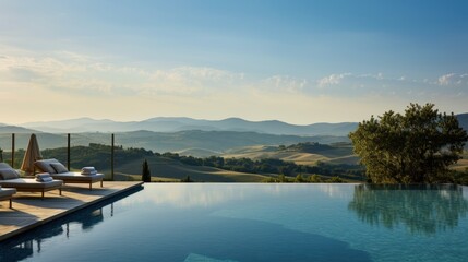 Fototapeta premium Infinity pool that appears to merge with the horizon, offering stunning views of the Italian countryside. Include a sun deck and a poolside bar for ultimate relaxation