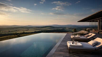 Naklejka na ściany i meble Infinity pool that appears to merge with the horizon, offering stunning views of the Italian countryside. Include a sun deck and a poolside bar for ultimate relaxation