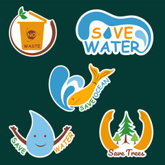 Eco Friendly and Environment Stickers Set 3 of no waste, save water, save ocean and save trees